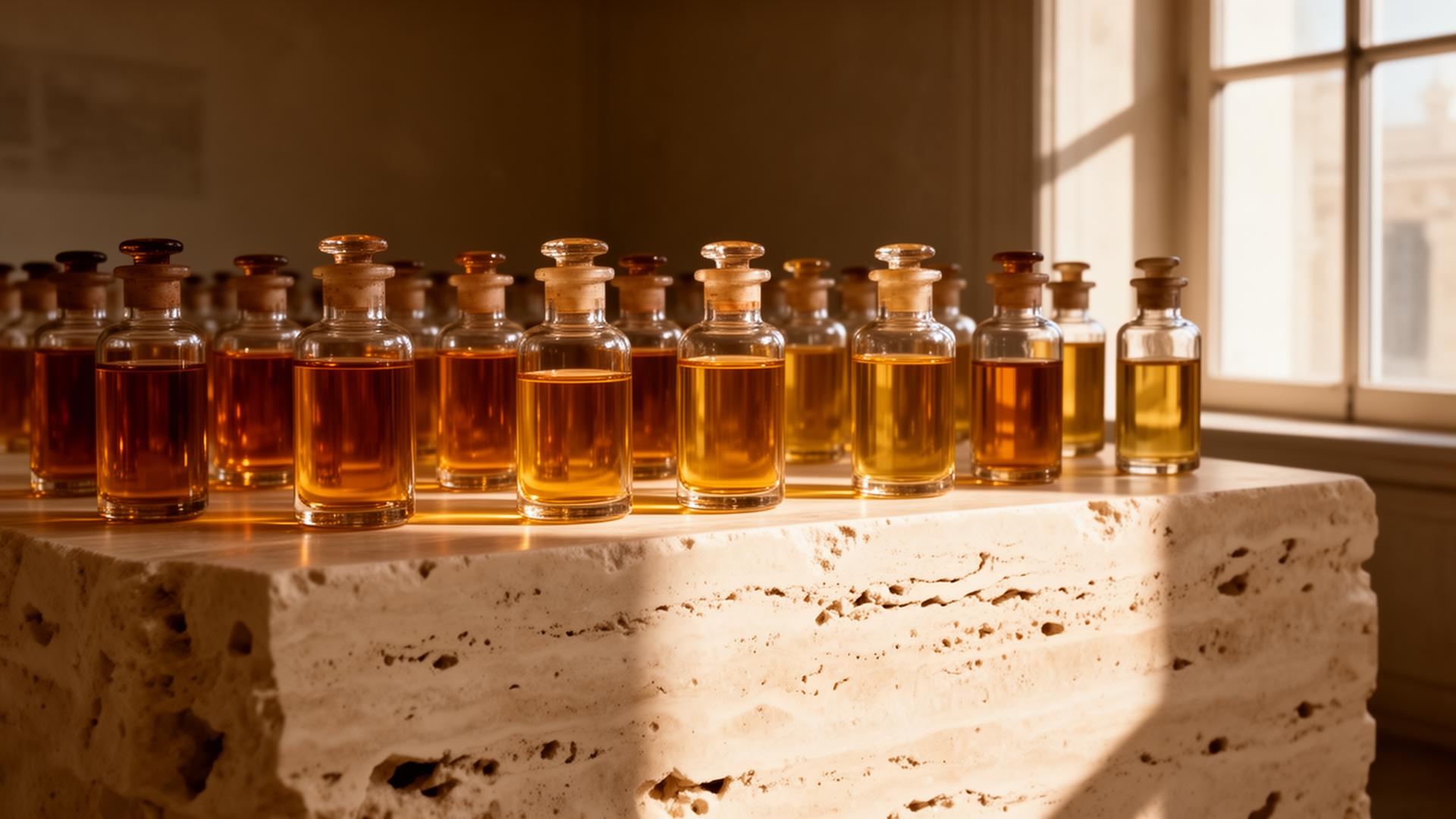 Apothecary vials of perfume oils on travertine